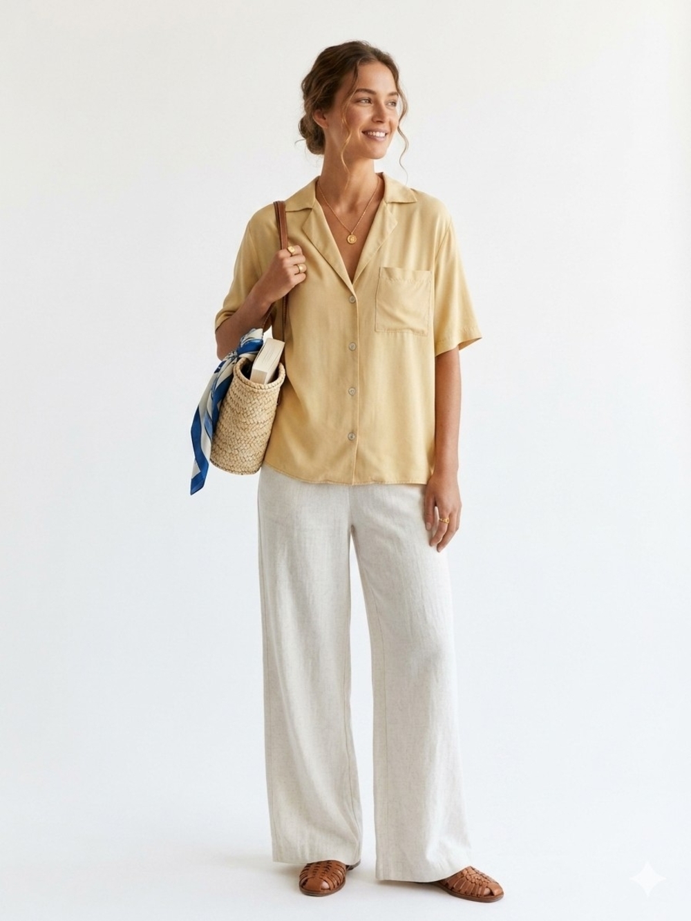 Zara Short-Sleeve Button-Down Shirt in Pale Yellow